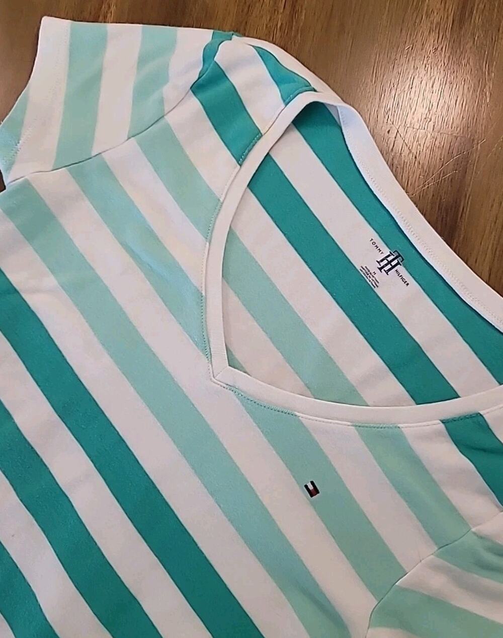 Vintage 90s Tommy Hilfiger White Green Colorblock Striped Tee Cotton Size M
